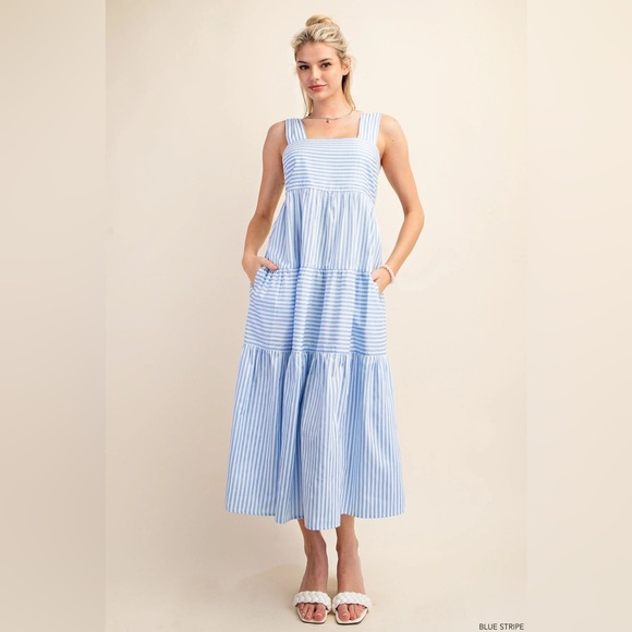 entro Other - LIKE NEW Ramona Striped Midi Dress Blue and White Large